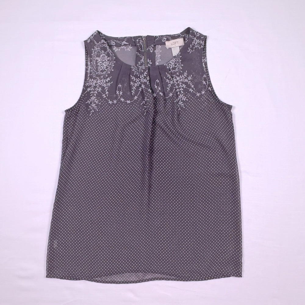 LOFT Sleeveless Blouse S Polka Dot Floral Embroidered‎ Chic Zipper Back Sheer